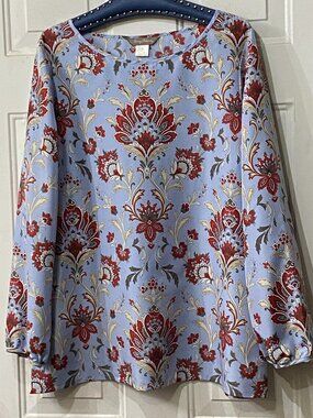 Tommy Bahama Sz XL Silk Womens Blouse Tunic Long Sleeve Blue Floral